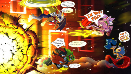 building clothed clothing dialogue exclamation_point explosion female group machine male text kukkiisart sega sonic_riders sonic_the_hedgehog_(series) amy_rose blaze_the_cat jet_the_hawk knuckles_the_echidna metal_sonic miles_prower rouge_the_bat shadow_the_hedgehog sonic_the_hedgehog accipitriform avian bat bird canid canine domestic_cat echidna eulipotyphlan felid feline felis fox hedgehog mammal monotreme robot 2018 absurd_res digital_media_(artwork) english_text hi_res