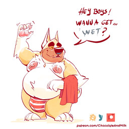 anthro arm_hair arm_tuft barbell_piercing belly big_belly body_hair clothed clothing elbow_tuft eyes_closed front_view fur head_tuft jewelry male male_anthro moobs necklace nipple_barbell nipple_piercing nipples obese obese_anthro obese_male open_mouth overweight overweight_anthro overweight_male piercing pink_nipples simple_background smile solo standing text topless tuft white_background white_body white_fur yellow_body yellow_fur chocolateandmilk richard_(chocolateandmilk) canid canine canis domestic_dog mammal 1:1 2025 dated english_text full-length_portrait hi_res portrait url