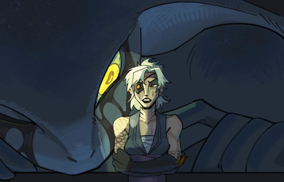 anthro arm_tattoo black_lipstick bodily_fluids clothing duo eye_patch eyewear female front_view gloves glowing glowing_eyes handwear lipstick looking_at_another makeup size_difference sweat sweatdrop tattoo yellow_eyes ruzaki hela_(erro_kioslem) fish human mammal marine ray_(fish) stingray half-length_portrait hi_res portrait