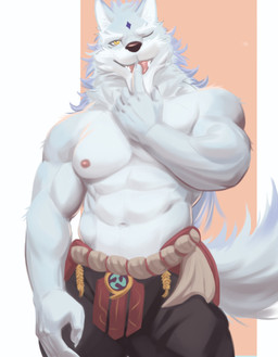 5_fingers anthro black_nose claws fingers humanoid_hands male muscular muscular_anthro muscular_male navel nipples one_eye_closed pecs pink_nipples solo tail yellow_eyes bublelery sdorica law_(sdorica) canid canine canis mammal wolf 2021 absurd_res colored hi_res