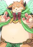 anthro anthrofied belly bottomwear clothing eyebrows eyes_closed fur gesture grin hand_gesture horn loincloth male navel orange_body orange_fur overweight pawpads smile solo striped_body striped_fur stripes thick_eyebrows v_sign wings shirokumaou crave_saga ortho_(crave_saga) chimera hi_res