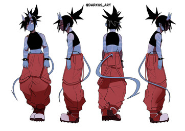 bare_shoulders black_clothing black_crop_top black_hair black_shirt black_topwear blue_body blue_skin bottomwear clothing crop_top female footwear furgonomic_bottomwear furgonomics hair horn not_furry pants red_bottomwear red_clothing red_footwear red_pants shirt simple_background solo spade_tail standing tail topwear white_background yellow_eyes darkus_art demon demon_humanoid humanoid absurd_res hi_res model_sheet