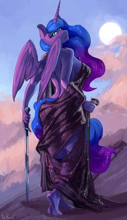 anthro biped blue_body breasts butt clothed clothing detailed_background feet female hair holding_melee_weapon holding_object holding_sword holding_weapon horn humanoid_feet looking_back melee_weapon outside plantigrade pupils solo sword tail tail_aside thick_thighs three-quarter_view toony weapon wings kelkessel friendship_is_magic hasbro my_little_pony mythology princess_luna_(mlp) equid equine mammal mythological_creature mythological_equine winged_unicorn 2025 absurd_res detailed hi_res