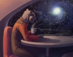 anthro beverage biped chair clothed clothing coffee coffee_mug container cup detailed_background food fully_clothed fur furniture grey_body grey_fur holding_container holding_cup holding_object inside male reflection side_view sitting solo space spacescape star steam table uniform window hibbary star_trek star_trek_the_next_generation alien caitian felid mammal 2007 portrait three-quarter_portrait