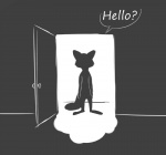 ambiguous_gender anthro canid canine dialogue door doorknob english_text fox mammal monochrome simple_background solo standing text tggeko