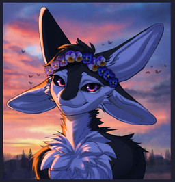 4_ears accessory ambient_silhouette anthro big_ears black_body black_feathers black_fur black_hair black_sclera border cheek_tuft chest_tuft closed_smile cloud countershading detailed_background facial_tuft feathers flower flower_accessory flower_crown flower_on_head fluffy forest forest_background front_view fur garland glistening glistening_eyes hair head_tuft headgear light looking_at_viewer male mouth_closed multi_ear multicolored_body multicolored_fur narrowed_eyes nature nature_background neck_tuft nude outside pivoted_ears plant purple_eyes silhouette sky smile smiling_at_viewer solo solo_focus sunlight sunset tree tuft tufted_fur unsigned white_body white_feathers white_fur white_inner_ear red_rooster fyr_(fenrir784) ambient_bird ambient_flier avali avian bird 2026 bust_portrait colored detailed digital_drawing_(artwork) digital_media_(artwork) headshot_portrait hi_res lighting portrait shaded maleherm_(lore)
