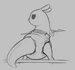 ambiguous_gender big_eyes black_eyes clothed clothing diaper diaper_only grey_background looking_at_viewer looking_back melee_weapon mouthless polearm simple_background solo spear standing topless weapon wearing_diaper ire-k rain_world videocult survivor_(rain_world) slugcat full-length_portrait monochrome portrait