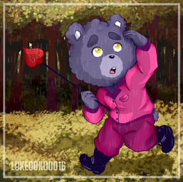 anthro biped black_nose bottomwear clothing detailed_background humanoid_hands outside pants plant raining shirt solo topwear tree walking weapon lukeko16 unicorn_wars peludito_(unicorn_wars) bear mammal 2023 hi_res