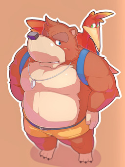 anthro backpack beak belly black_nose blue_eyes bottomwear brown_body brown_fur clothing duo fur green_eyes kemono male overweight overweight_male shorts simple_background kuki1210 banjo-kazooie rareware banjo_(banjo-kazooie) kazooie avian bear breegull mammal 2014 hi_res