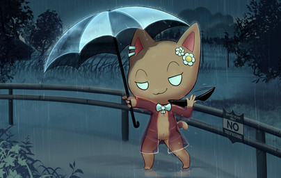 anthro blush bodily_fluids bow_ribbon bow_tie chibi clothed clothing coat detailed_background ear_piercing eyewear female flower_on_head gauged_ear genitals nipples nude open_clothing open_coat open_topwear parasol piercing public public_nudity raincoat raining solo sunglasses sweat topwear translucent translucent_clothing umbrella vulva billmurray jubbi lily_(jubbimafu) domestic_cat felid feline felis mammal hi_res