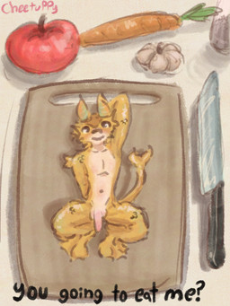 anthro balls carrot chopping_board food fruit garlic genitals knife male micro micro_male penis plant solo tomato vegetable cheetuppy aquatic fish hybrid 3:4 absurd_res digital_media_(artwork) hi_res tagme