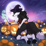 :3 anthro black_body black_flesh black_fur black_hair black_nose black_pawpads breasts butt clothing detailed_background dipstick_tail female fur genitals gloves_(marking) green_eyes hair hand_on_butt hat headgear headwear jack-o'-lantern leg_markings long_hair looking_at_viewer looking_back magic magic_wand markings moon pawpads plant presenting presenting_hindquarters pussy red_body red_fur smile socks_(marking) solo tail tail_markings vines white_body white_fur witch_hat ketty felicity_longis canid canine fox mammal 1:1 absurd_res hi_res