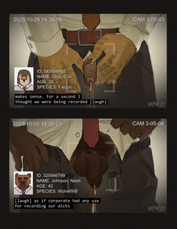 anthro bathroom being_watched belt bodily_fluids camera camera_hud casual_urination clothed clothing crotch_focus darkened_genitalia dialogue duo flaccid foreskin fully_clothed genital_fluids genital_focus genitals holding_own_penis holding_penis humanoid_genitalia humanoid_penis identification long_foreskin looking_at_another male male_peeing oblivious office_clothing office_worker overweight overweight_male partially_clothed partially_retracted_foreskin peeing peeing_together penis penis_focus penis_poking_out penis_size_difference penis_through_fly public_restroom realistic_penis_size recording security security_camera spy_camera spying talon_hands text urinal urinal_peeking urinal_spying urine urine_stream voyeur voyeur_pov worker kafka_(artist) ciro_(kafka) nash_(kafka) avian bird falcon falconid gulonine mammal mustelid musteline wolverine comic english_text hi_res