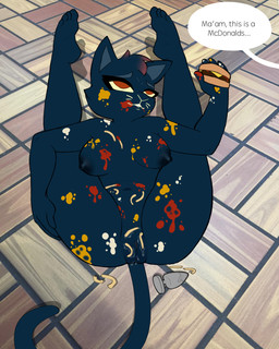 anthro big_breasts bodily_fluids breasts burger buttplug feet female food fries genital_fluids genitals ketchup messy mustard nude overweight overweight_anthro overweight_female plug_(sex_toy) sex_toy solo speech_bubble spread_legs spreading thick_thighs vaginal_fluids vulva hennessy-the-rat mcdonald's night_in_the_woods mae_borowski domestic_cat felid feline felis mammal 4:5 absurd_res hi_res