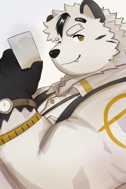 anthro belly clock fur male overweight side_view solo watch white_body white_fur wristwatch yellow_eyes assist_victory tamacolle arctos_(tamacolle) bear mammal polar_bear ursine 2:3 hi_res