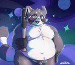 anthro balls baseball_bat bat_(object) belly big_belly black_nose blush flaccid genitals grey_body kemono male moobs navel nipples open_mouth overweight overweight_male penis small_penis solo space white_body zardacian honkai:_star_rail mihoyo galactic_baseballer_(honkai:_star_rail) hybrid mammal procyonid raccoon 2024 hi_res