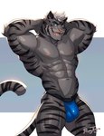abs absurd_res anthro biceps big_muscles blue_eyes bulge clothed clothing detailed_bulge felid fur grey_body grey_fur hair hands_behind_head hi_res jockstrap jockstrap_only looking_at_viewer male mammal muscular muscular_anthro muscular_male nipples open_mouth pantherine pecs pose raytig12 smile solo standing striped_body striped_fur stripes tiger topless underwear underwear_only white_hair