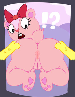 anthro anus black_nose border bow_on_head buckteeth butt disembodied_hand duo exclamation_point eyelashes feet female fur genitals grey_border looking_back male male/female nude open_mouth pawpads pink_body pink_fur pink_nose question_mark rear_view red_bow spread_butt spreading teeth thick_thighs vulva wide_hips yellow_body yellow_fur mschaox6 happy_tree_friends cuddles_(htf) giggles_(htf) chipmunk ground_squirrel lagomorph leporid mammal rabbit rodent sciurid hi_res