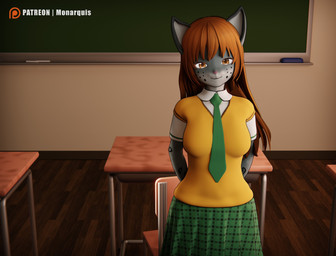 anthro blush bottomwear chalkboard classroom clothed clothing female hair long_socks looking_at_viewer necktie pattern_bottomwear pattern_clothing pattern_skirt pink_clothing plaid plaid_bottomwear plaid_clothing plaid_skirt red_hair school school_uniform sensual_cat shirt simple_background skirt solo student tail thin_tail topwear uniform white_clothing white_shirt white_topwear monarquis momo_(monarquis) felid mammal pantherine snow_leopard 3d_(artwork) digital_media_(artwork) hi_res