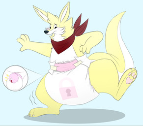 3_toes 4_fingers anthro balls black_nose blue_background bodily_fluids chastity_cage chastity_device claws clean_diaper clothed clothing diaper feet finger_claws fingers fur genitals kerchief lock_symbol locked_diaper looking_down male multicolored_body multicolored_fur neckerchief neckwear on_one_leg pawpads penis pink_chastity_cage pink_pawpads red_kerchief red_neckerchief red_penis simple_background solo standing sweat sweatdrop tail three-quarter_view toe_claws toes two_tone_body two_tone_fur two_tone_tail wearing_chastity_cage wearing_chastity_device wearing_diaper white_balls white_body white_claws white_finger_claws white_fur white_inner_ear white_tail white_toe_claws wobbling yellow_body yellow_ears yellow_fur yellow_tail fang29 fang29_(character) canid canine canis domestic_dog hybrid kangaroo macropod mammal marsupial full-length_portrait hi_res portrait