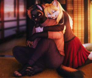 anthro bottomwear clothing duo female hug hugging_another hugging_from_behind kneeling love male male/female pawpads red_bottomwear red_clothing red_skirt romantic romantic_ambiance romantic_couple sitting sitting_on_ground skirt sunset rrrs buster_davison ember_(heroofmobius) canid canine canis domestic_dog fox german_shepherd herding_dog mammal pastoral_dog hi_res