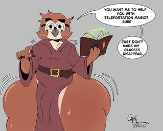 4_fingers anthro beak belt belt_buckle big_butt biped book bottom_heavy bottomless bottomless_anthro bottomless_male brown_body brown_feathers buckle butt clothed clothing dialogue expansion eyewear feathers femboy fingers glasses grey_background huge_butt huge_thighs hyper hyper_thighs magic magic_user male multicolored_body pupils robe simple_background smile solo speech_bubble text thick_thighs wearing_glasses wide_hips ghost_drawings paddington_ii_(krazytoonz) avian bird owl english_text hi_res