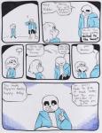 absurd_res aftertale animated_skeleton bone clothed clothing comic dialogue ellipsis english_text exclamation_point frisk_(undertale) grin hair hi_res human humanoid loverofpiggies male mammal not_furry one_eye_closed plant sans_(undertale) skeleton smile teeth text tree undead undertale undertale_(series) wink winter