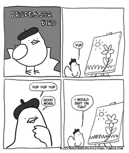 ambiguous_gender artist beak clothing dialogue easel feral flower grass hat headgear headwear humor plant profanity solo speech_bubble sun text floccinaucinihilipilification avian bird 2015 absurd_res black_and_white comic english_text hi_res monochrome url
