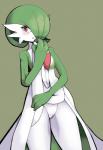 3_fingers biped blush eyebrow_through_hair eyebrows female fingers front_view genitals green_background green_hair hair looking_at_viewer not_furry open_mouth pupils pussy red_eyes simple_background slit_pupils solo standing translucent translucent_hair white_body san_ruishin nintendo pokemon gardevoir generation_3_pokemon pokemon_(species) 2018 hi_res portrait three-quarter_portrait