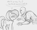 bald bedroom_eyes blush bodily_fluids cutie_mark dialogue duo eyelashes female feral gem horn imminent_sex jewelry lidded_eyes long_tail magic magic_aura magic_user male mature_female mature_feral narrowed_eyes necklace nervous pearl_(gem) pearl_necklace seductive smile sweat sweatdrop tail text unicorn_horn ather_os friendship_is_magic hasbro my_little_pony mythology anon stellar_flare_(mlp) equid equine human mammal mythological_creature mythological_equine unicorn 2024 absurd_res black_and_white english_text hi_res monochrome sketch