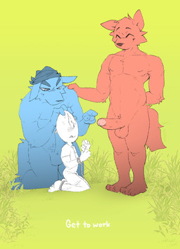 anthro blue_body blue_fur embarrassed erection eyes_closed foreskin fur genitals gesture grass group hand_gesture hand_on_shoulder humanoid_genitalia humanoid_penis imminent_rape imminent_sex kerchief kneeling looking_at_genitalia male male/male muscular nipples nude penis plant pointing pointing_at_penis red_body red_fur rope shaking simple_background smile text trembling trio noico ambiguous_species canid canine canis humanoid mammal wolf hi_res