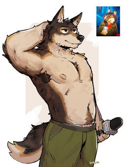 anthro areola armpit_hair body_hair bottomwear brown_body brown_fur clothing electronics fur happy_trail holding_microphone holding_object looking_away male microphone navel pants raised_hand reporter simple_background solo tail white_background luck_like disney zootopia denny_howlett canid canine canis mammal wolf 2025 hi_res
