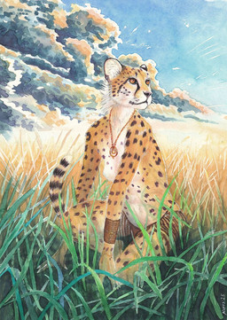 anthro female grass hair jewelry outside pendant plant portraits short_hair sitting solo dimasbka cheetah felid feline mammal hi_res traditional_media_(artwork)