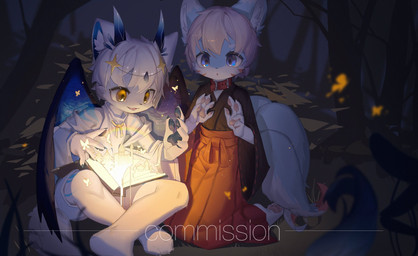 anthro blue_eyes book collar duo female forest fur hair hand_pawpads horn kemono kneeling magic male male/female night pawpads plant sitting sitting_on_ground tree white_body white_fur white_hair wings yellow_eyes young young_anthro young_female young_male emolga_1 mammal 2022 chinese_description hi_res watermark