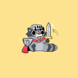 anthro armor black_nose chibi grey_body headgear helmet knight melee_weapon shield simple_background sitting solo sword tongue tongue_out warrior weapon happyraccoons mammal procyonid raccoon 1:1 2022 hi_res