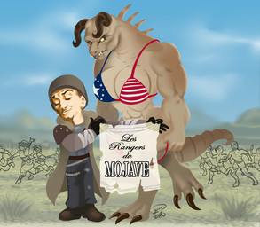 abs adjusting_swimsuit american_flag_bikini annoyed anthro bikini bikini_top breasts cleavage clothed clothing coat convenient_censorship digitigrade eyes_closed female flag_bikini gloves group handwear horn larger_female male muscular muscular_female ncr_(fallout) ncr_soldier parody running_away size_difference swimwear text topwear towel trenchcoat two-piece_swimsuit wasteland yellow_eyes hanazawa fallout microsoft inspector_cruchot louis_de_funes ncr_ranger_(fallout) deathclaw ghoul_(fallout) human mammal scalie absurd_res french_text hi_res