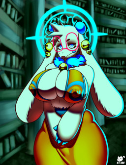 anthro bell big_breasts big_ears blue_eyes bottomwear breasts clothing ear_accessory eyelashes eyewear fangs female floppy_ears front_view fur glasses head_tuft huge_breasts long_ears looking_at_viewer lop_ears nipple_outline skirt solo teeth topwear tuft white_body white_fur wide_hips yellow_bottomwear yellow_clothing yellow_skirt yellow_topwear gnida_nsfw atlyss angela_flux oathkin_(atlyss) absurd_res hi_res