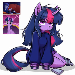 anthro cellphone clothing electronics eyeshadow female feral fetlocks hair horn legwear makeup messy_hair phone smartphone solo stockings sweater tired_eyes topwear klaus_monteiro disney friendship_is_magic hasbro inside_out my_little_pony mythology pixar ennui_(inside_out) twilight_sparkle_(mlp) emotion_(inside_out) equid equine mammal mythological_creature mythological_equine unicorn 1:1 hi_res