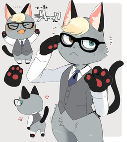 anthro blonde_hair bottomless chibi clothed clothing eyewear featureless_crotch fur glasses grey_body grey_fur hair heterochromia male pawpads solo text topwear vest hyaku_(artist) animal_crossing nintendo raymond_(animal_crossing) domestic_cat felid feline felis mammal 2020 digital_media_(artwork) japanese_text translated