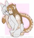 anthro duo femboy male male/male nude simple_background dtalvi david_gauthier josie_sweet felid lagomorph leopard leporid mammal pantherine rabbit hi_res