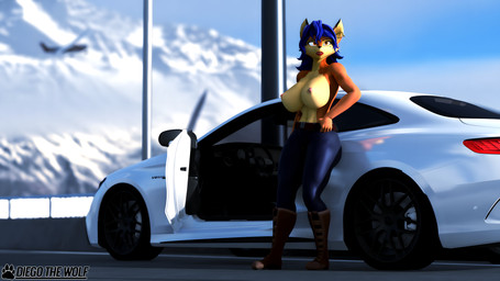 aircraft airplane anthro belly_exposed big_breasts blue_bottomwear blue_clothing blue_hair blue_pants blue_shirt blue_topwear boots bottomwear breasts bridge brown_boots brown_clothing brown_footwear car clothing female footwear fur hair huge_breasts jacket landscape lips looking_at_another mountain nipples orange_body orange_eyes orange_fur pants piercing pink_nipples pose red_lips shirt shoes solo topwear vehicle yellow_clothing yellow_jacket_(clothing) yellow_topwear diegothewolf warfaremachine_(modeler) mercedes-benz mercedes-benz_c63 sly_cooper_(series) sony_corporation sony_interactive_entertainment sucker_punch_productions carmelita_fox warfare_carmelita canid canine fox mammal 16:9 3d_(artwork) absurd_res blender_(artwork) blender_eevee_(artwork) digital_media_(artwork) hi_res pinup widescreen