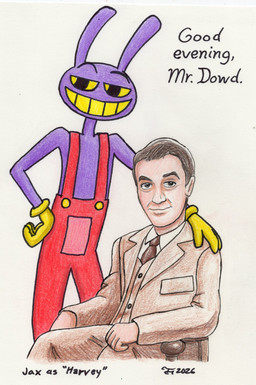 anthro clothing duo harvey_(film) james_stewart looking_at_viewer male overalls sitting smile smiling_at_viewer standing suit text skrag2112 glitch_productions the_amazing_digital_circus jax_(tadc) human lagomorph leporid mammal rabbit absurd_res english_text hi_res portrait