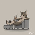 1:1 ambiguous_gender ambiguous_species anthro armchair beverage brown_body bruno_borker canid canine chair container cup drinking_straw footstool furniture glass hi_res ice mammal multicolored_body pawpads paws relaxing simple_background solo two_tone_body