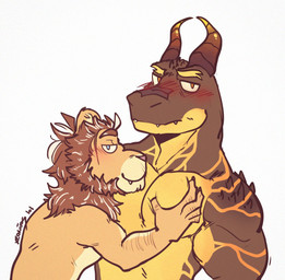2_horns 5_fingers anthro arm_spikes bedroom_eyes biceps blue_eyes blush brown_body brown_hair brown_scales countershading duo fingers fur hair horn looking_at_viewer male male/male mane muscular muscular_anthro muscular_male narrowed_eyes overbite pec_grab pecs pupils scales seductive shoulder_spikes simple_background slit_pupils spikes spikes_(anatomy) tan_body tan_fur white_background yellow_body yellow_eyes yellow_scales xeoniios mythology orion_(xeoniios) ryzz_(xeoniios) dragon felid lion mammal mythological_creature mythological_scalie pantherine scalie 2020 digital_media_(artwork) half-length_portrait hi_res portrait signature