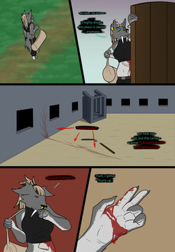 anthro bag blood blood_on_ground blood_on_hand blood_splatter bodily_fluids building comic_panel door ear_piercing facial_piercing fangs female gate nose_piercing nose_ring piercing ring_piercing sabertooth_(anatomy) solo teeth walking trichternet rhea_(trichternet) felid feline mammal sabertooth_feline comic hi_res