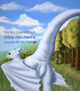 anus blue_eyes blush bodily_fluids butt dialogue dripping female feral forest genital_fluids genitals looking_at_viewer looking_back looking_back_at_viewer outside plant presenting presenting_hindquarters raised_tail rear_view sign smile solo tail talking_to_viewer text tree vaginal_fluids vulva white_body wings ward0r dreamworks european_mythology how_to_train_your_dragon mythology nubless dragon fury_(httyd) light_fury mythological_creature mythological_scalie scalie western_dragon english_text