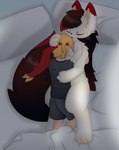 anthro bed bedding blanket clothing cuddling duo fluffy fluffy_ears fluffy_tail fur furniture hair kerchief lying male neck_tuft on_bed open_mouth pillow sleeping tail tuft ruuji canid canine canis domestic_dog fox human mammal wolf 2d_animation animated high_framerate short_playtime