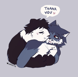 anthro anthro_on_anthro blush bodily_fluids dialogue duo grey_background heart_symbol hug hugging_another hugging_from_behind interspecies looking_at_another male male/male nuzzling red_eyes romantic romantic_couple simple_background speech_bubble sweat sweatdrop talking_to_another text catkitte pandad_(catkitte) raynn_(catkitte) bear domestic_cat felid feline felis giant_panda mammal english_text