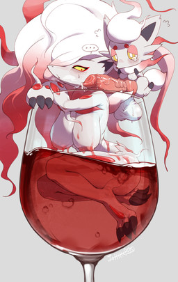 3_claws alcohol animal_genitalia animal_penis anthro areola arms_bent balls bent_legs bestiality beverage big_balls big_breasts big_penis biped black_inner_ear blush bodily_fluids breast_size_difference breasts busty_feral canine_genitalia canine_penis claw_fingers claws container cup cute_fangs drinking_glass duo ellipsis erection eye_markings fangs female female_anthro feral fur genital_fluids genitals glass glass_container glass_cup gloves_(marking) grey_background grey_body grey_fur gynomorph gynomorph/female gynomorph_feral hair hanging_breasts huge_penis hyper hyper_genitalia hyper_penis intersex intersex/female intersex_feral inverted_nipples knot knotted_penis larger_anthro larger_female leg_markings looking_at_genitalia looking_at_penis markings mouth_closed multicolored_body multicolored_hair narrowed_eyes nipples no_sclera nude nude_anthro nude_female partially_submerged penis pink_areola pink_nipples precum pupils red_body red_hair red_pupils saggy_balls shocked simple_background size_difference small_breasts small_but_hung smaller_feral smaller_gynomorph smaller_intersex snout socks_(marking) speech_bubble sweatdrop_(iconography) tears teeth toe_claws vein veiny_penis white_hair wine wine_glass yellow_eyes fuli_jeffery nintendo pokemon generation_8_pokemon hisuian_form hisuian_zoroark hisuian_zorua pokemon_(species) regional_form_(pokemon) 2026 absurd_res digital_media_(artwork) hi_res shaded signature