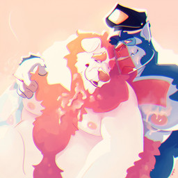 anthro belly belly_hair big_belly black_clothing black_hat black_headwear blue_body blue_eyebrows blue_fur bodily_fluids body_hair brown_hair chest_hair clothing cum cum_on_chest cum_on_face duo eyebrows floppy_ears front_view fur genital_fluids glistening glistening_eyes hair hat headgear headwear male moobs mostly_nude muscular muscular_humanoid muscular_male nude obese obese_anthro obese_male one_eye_closed overweight overweight_anthro overweight_male pecs simple_background white_body white_fur chocolateandmilk hoosier humanoid 2019 dated hi_res signature